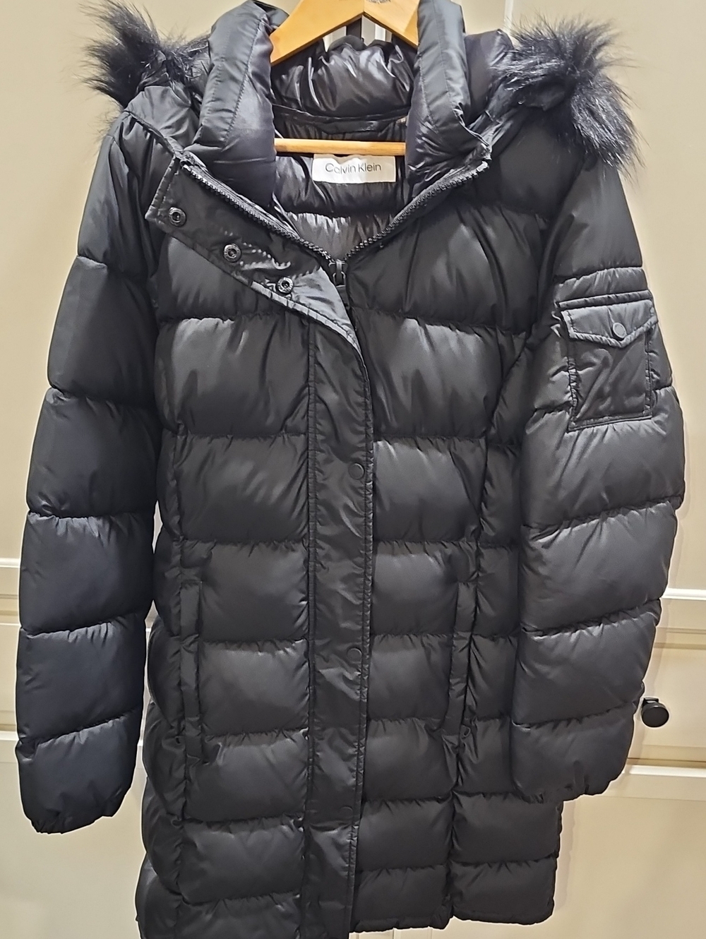 Calvin Klein Black Quilted Puffer Trench Coat with Faux Fur Trim